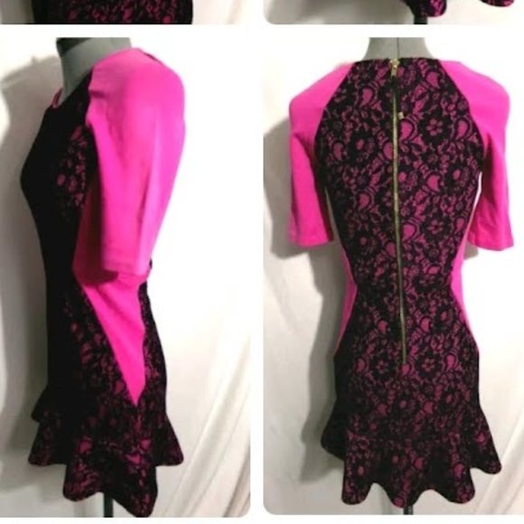 JUICY COUTURE Stretch knit Tulip retro Dress sz 0 Hot Pink Black Lace scoop neck - Picture 5 of 9